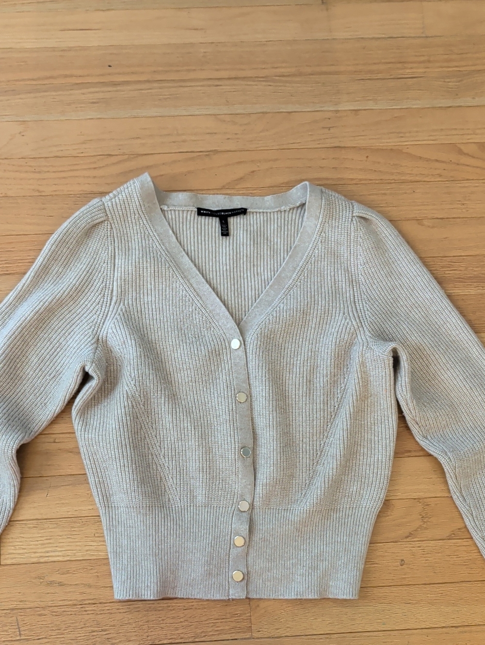 White House Black Market Oatmeal Color Ribbed V-Neck Button Cardigan
